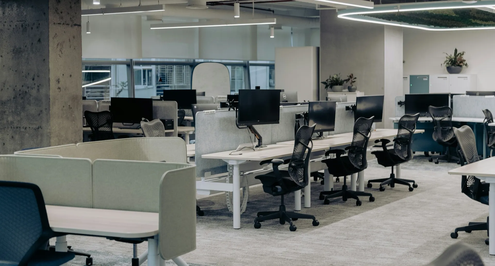 An open-plan delivery floor: rows of height-adjustable desks, each with a monitor, between low acoustic screens.